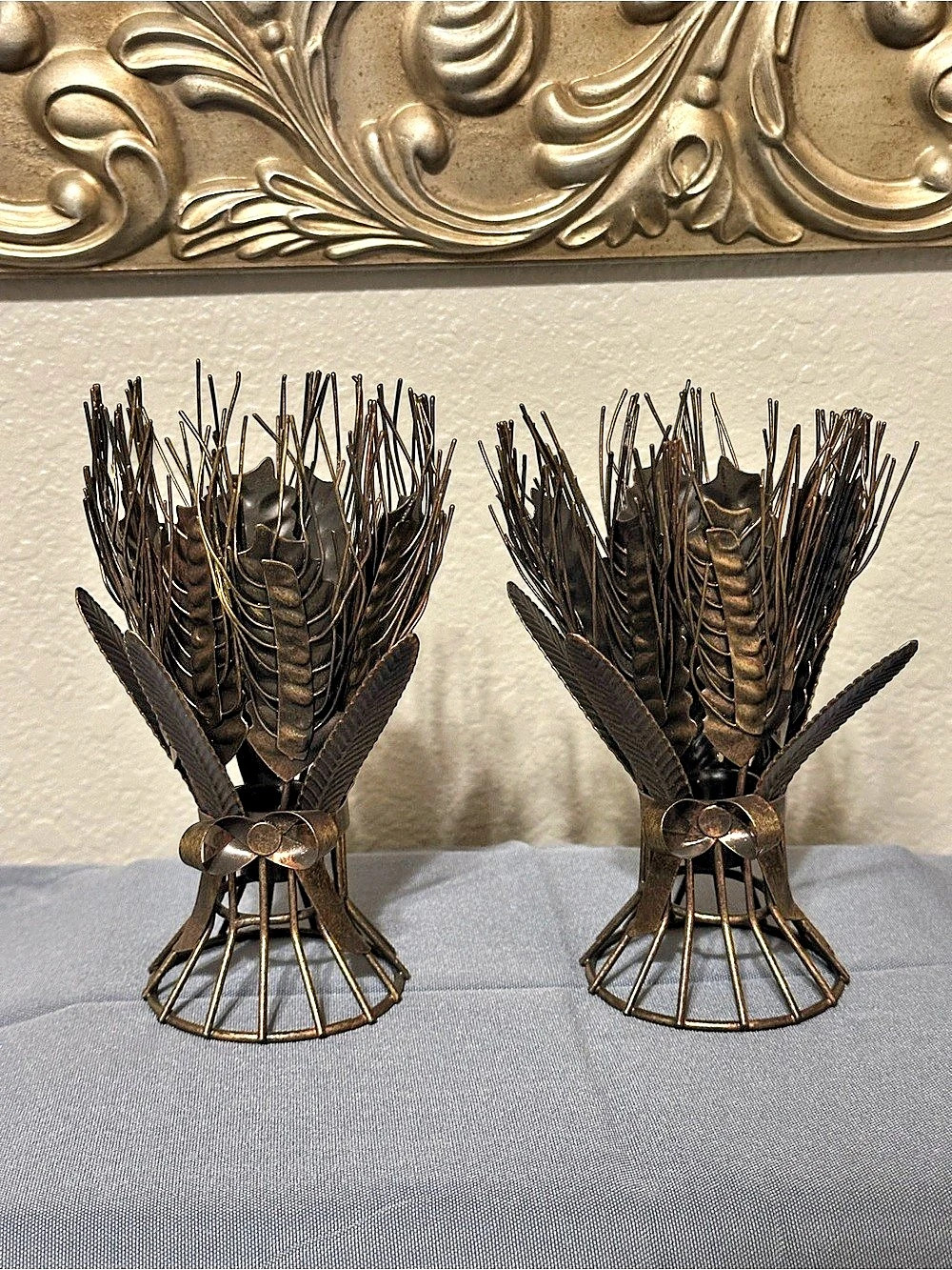 Bronzed Metal Wheat Taper Candle Holder  Set